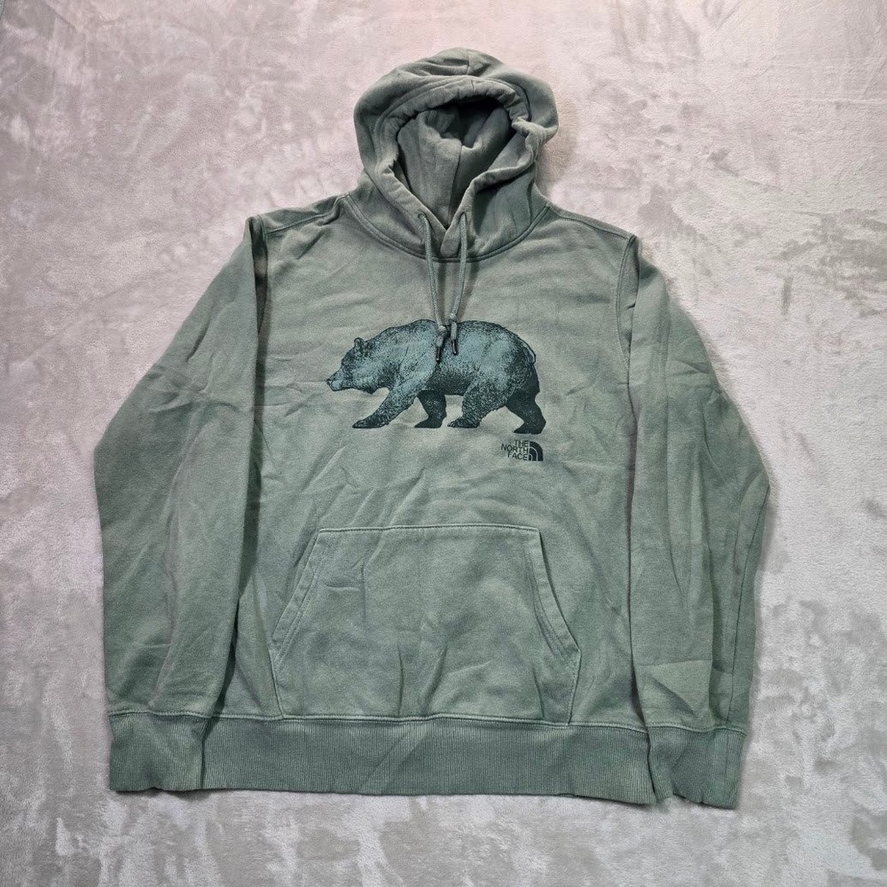The North Face Mens Bear Graphic Hoodie Sage Green Fleece Sweatshirt Medium